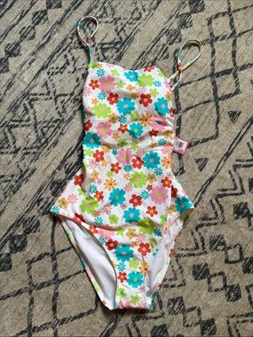 Kids White Floral One-Piece Swimsuit with Multicolor Flowers